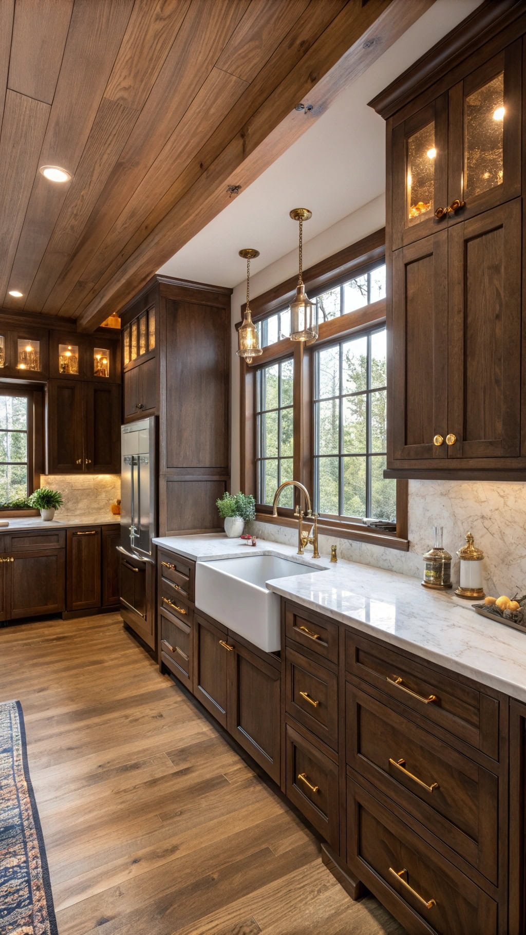 cozy dark pine cabinets