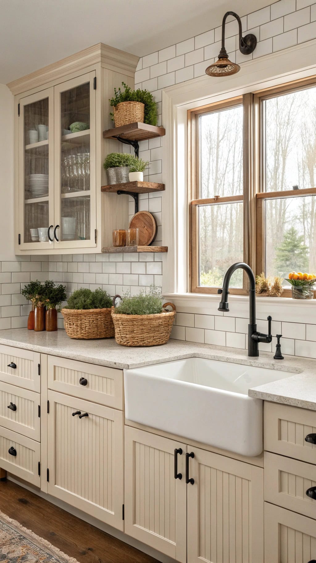 cozy farmhouse beadboard cabinets