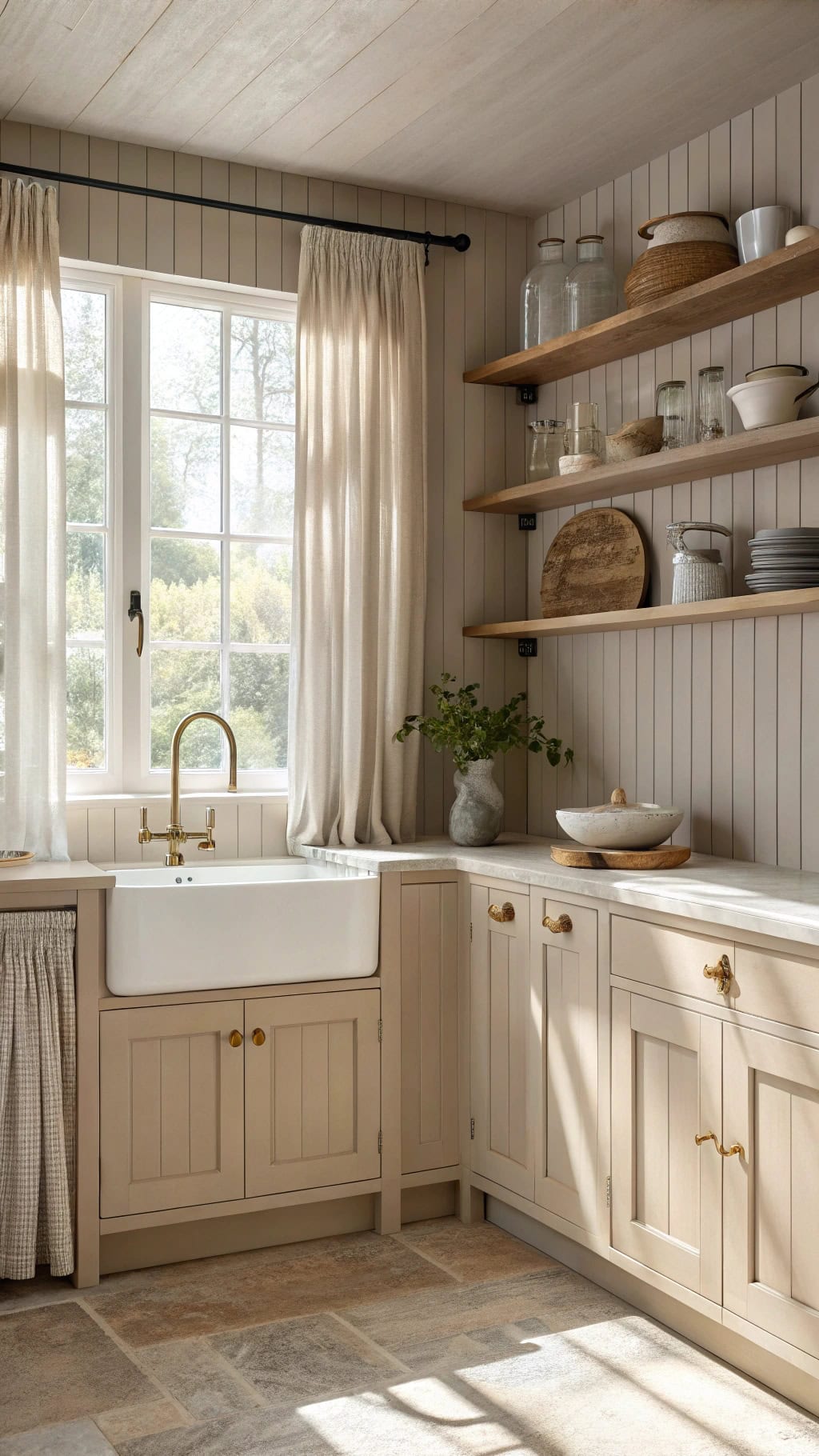 cozy taupe beadboard kitchen