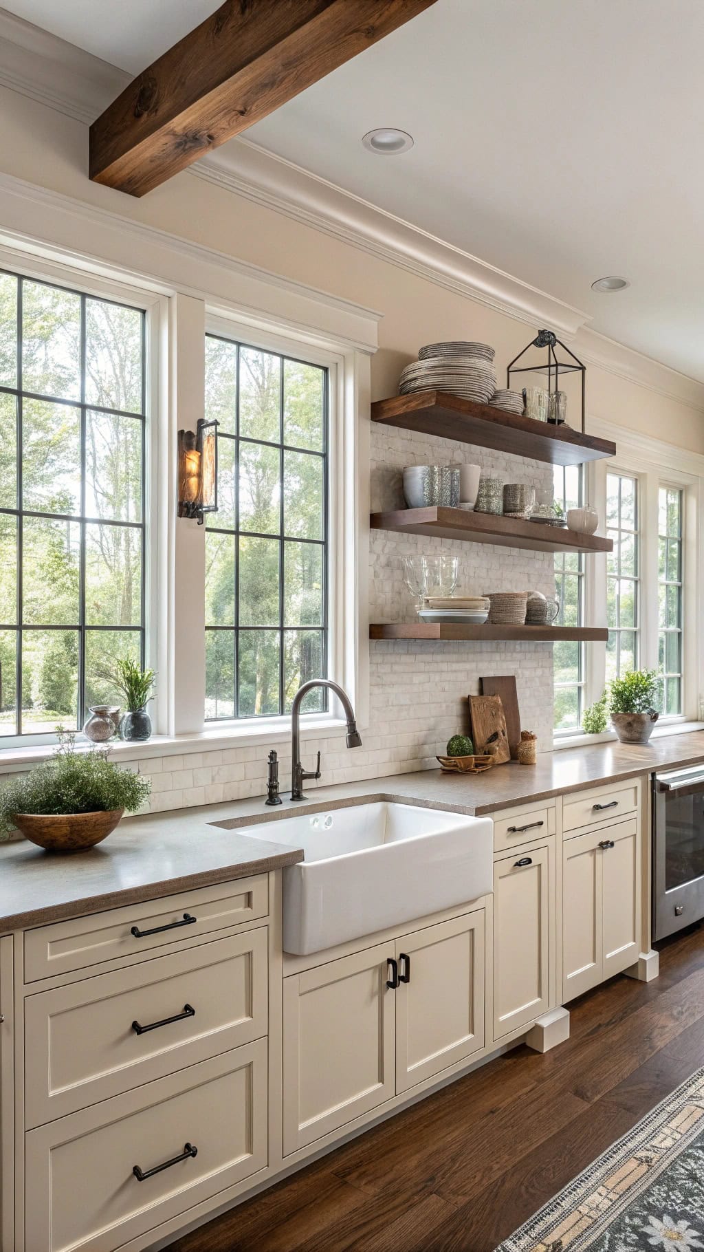 cream cabinets rosewood shelves
