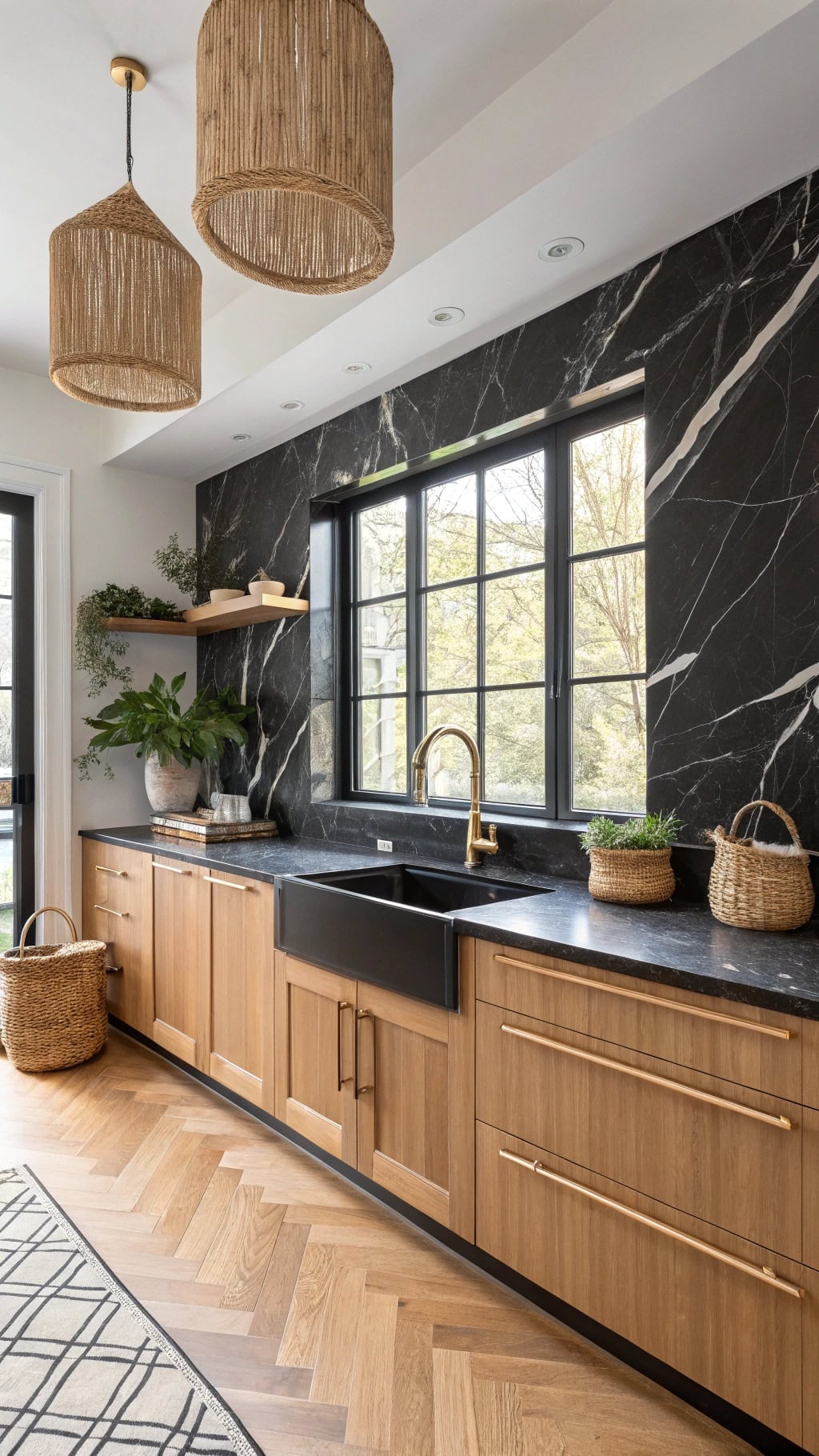 dramatic black marble backsplash