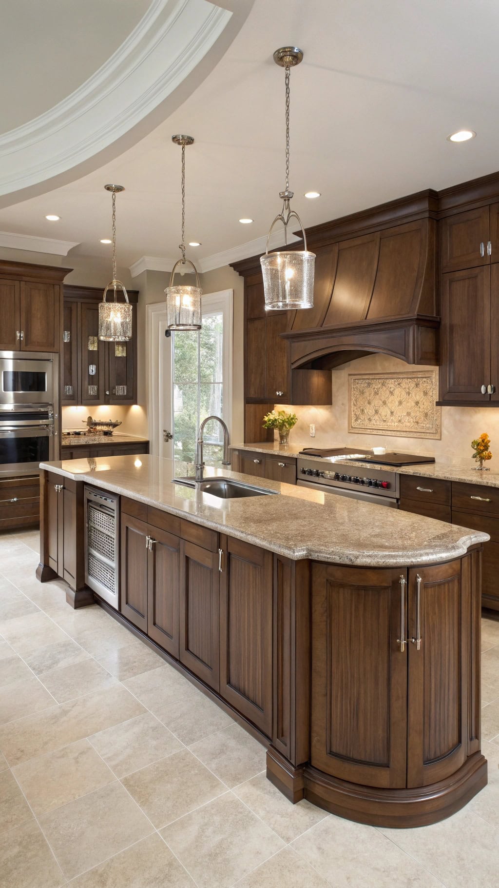 elegant walnut horseshoe kitchen