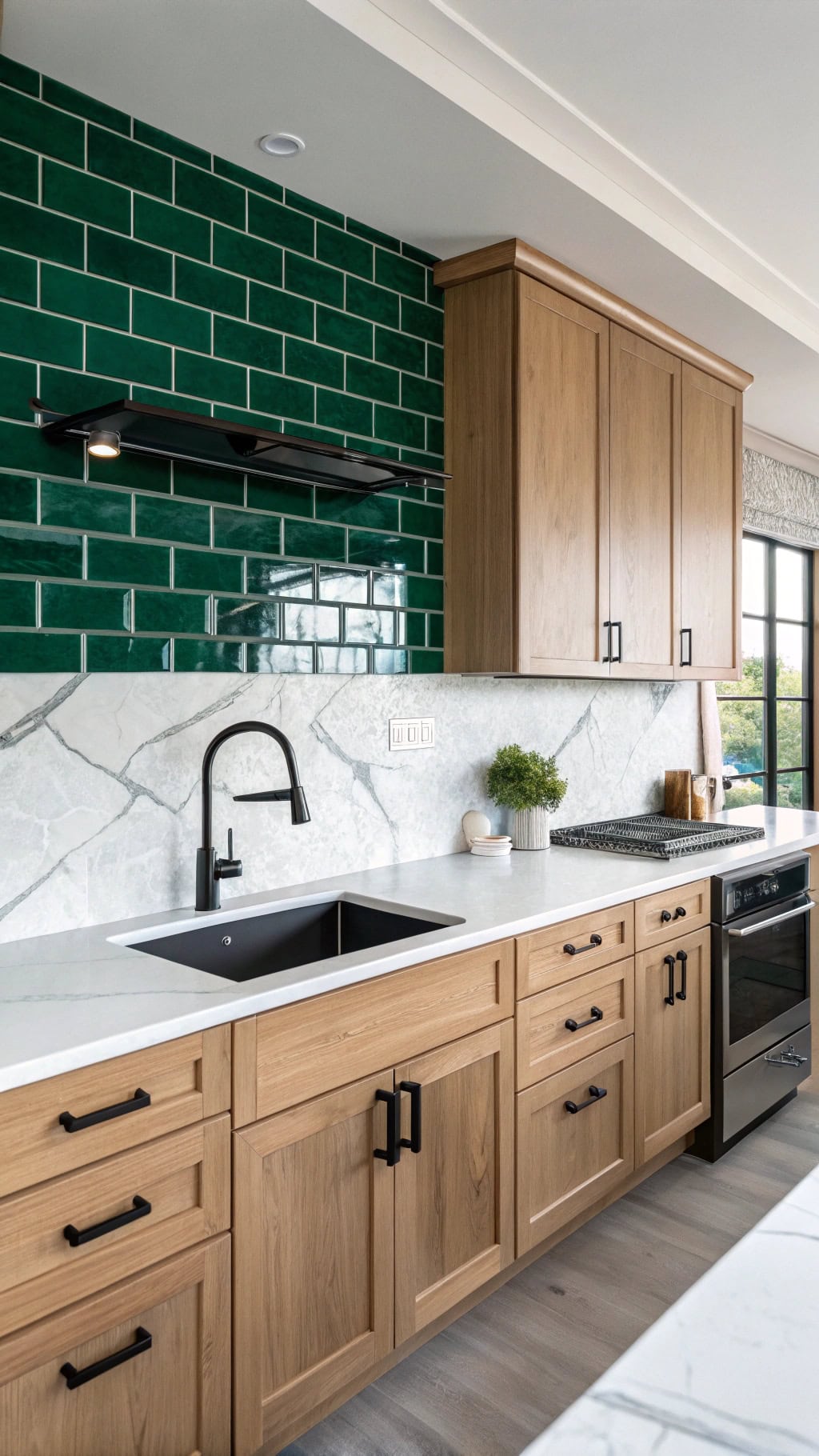 emerald backsplash with neutrals