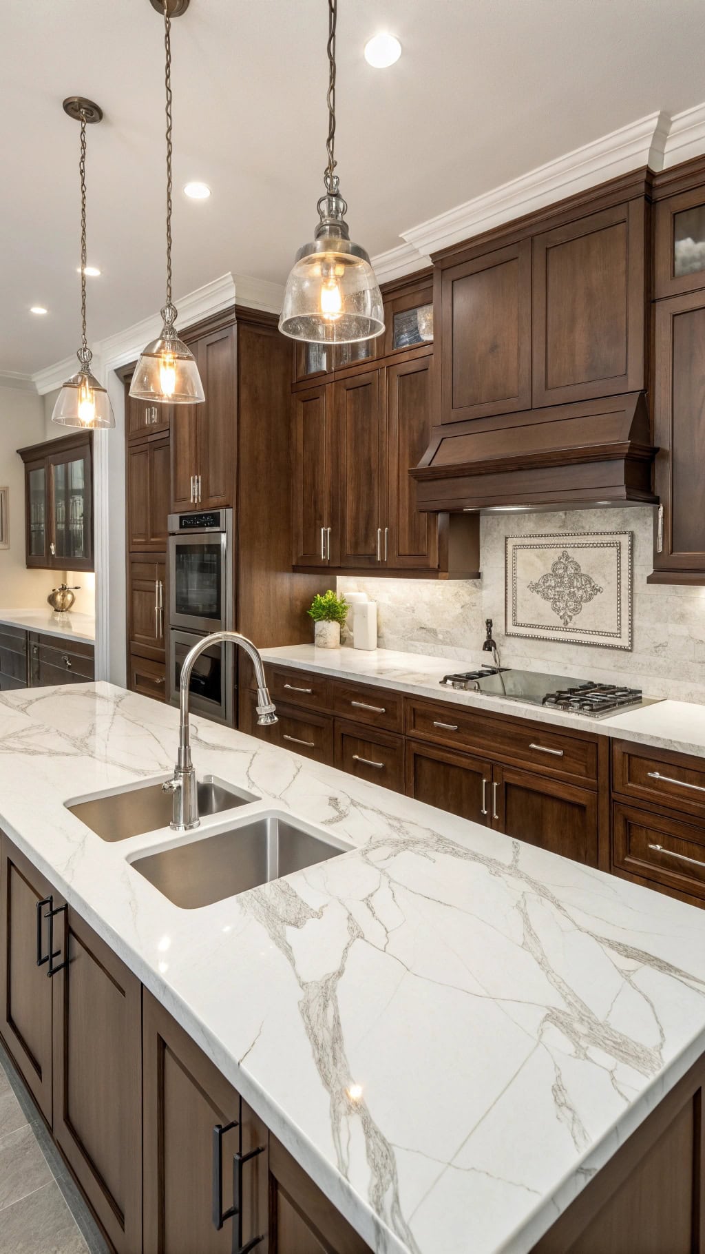 espresso cabinets and marble