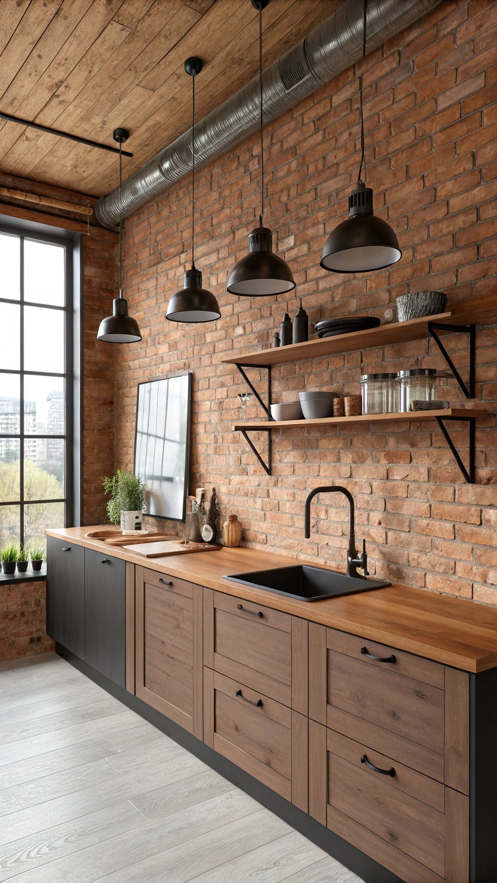 exposed brick industrial kitchen