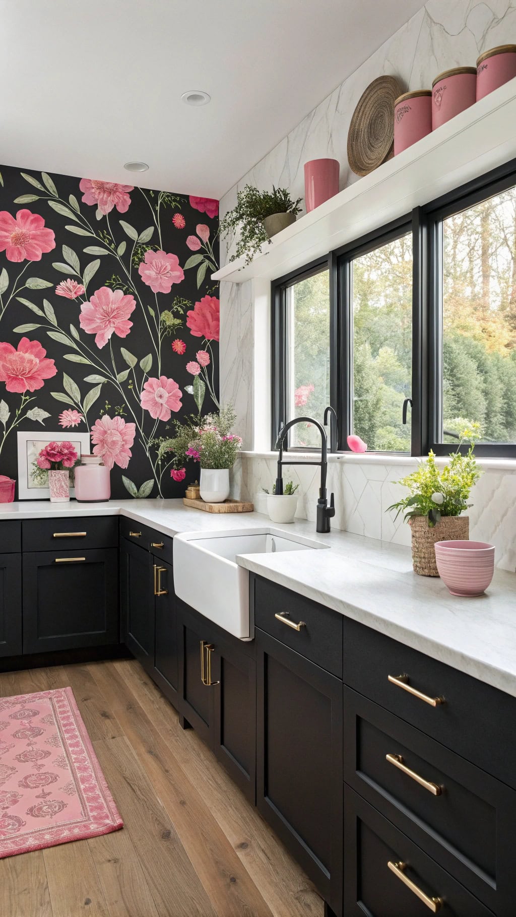 floral wallpaper black cabinets