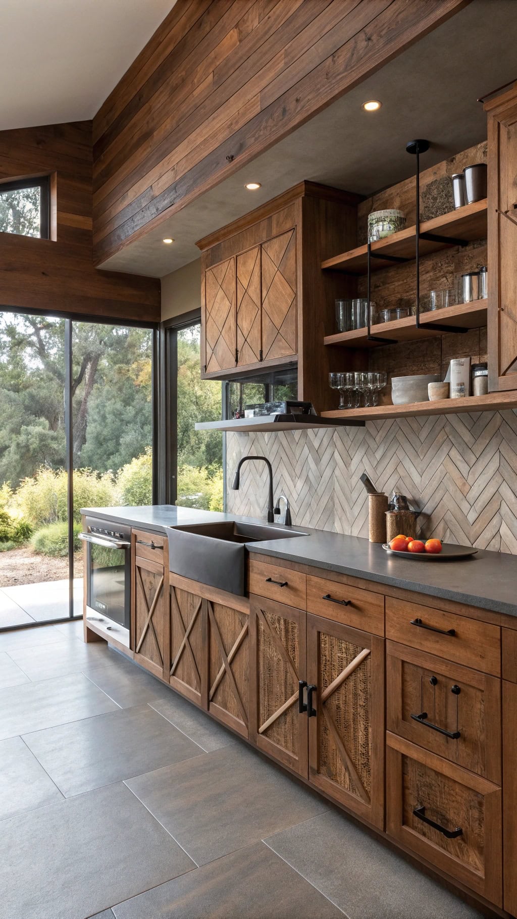 geometric salvaged redwood kitchen