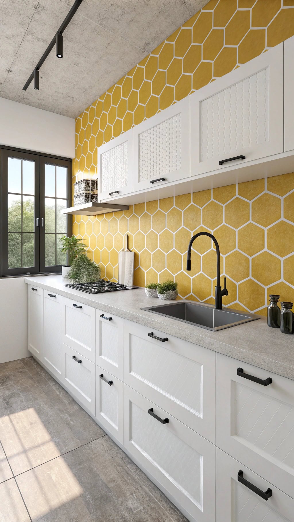 geometric yellow tile backsplash