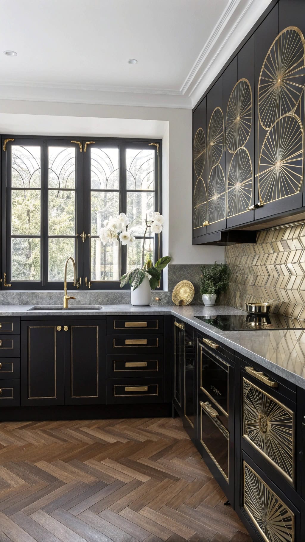 glamorous black art deco kitchen