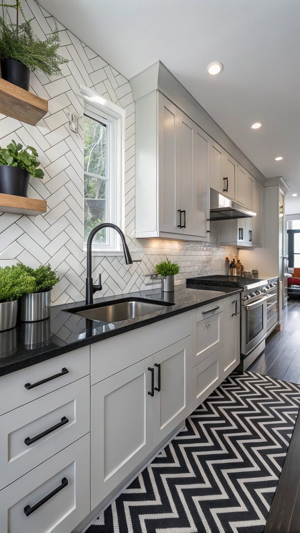 herringbone backsplash enhances sophistication