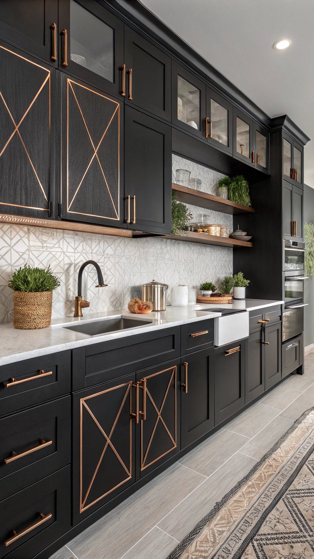 luxe black cabinets copper accents