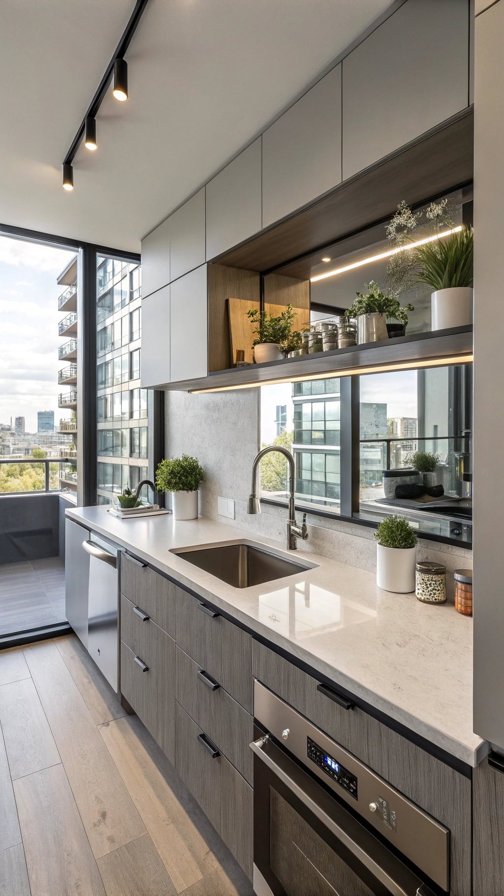 mirrored backsplash enhances space