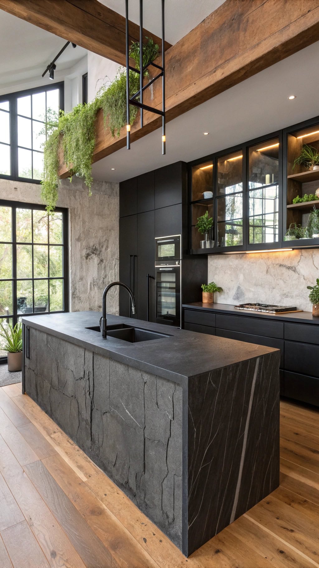 moody black concrete island