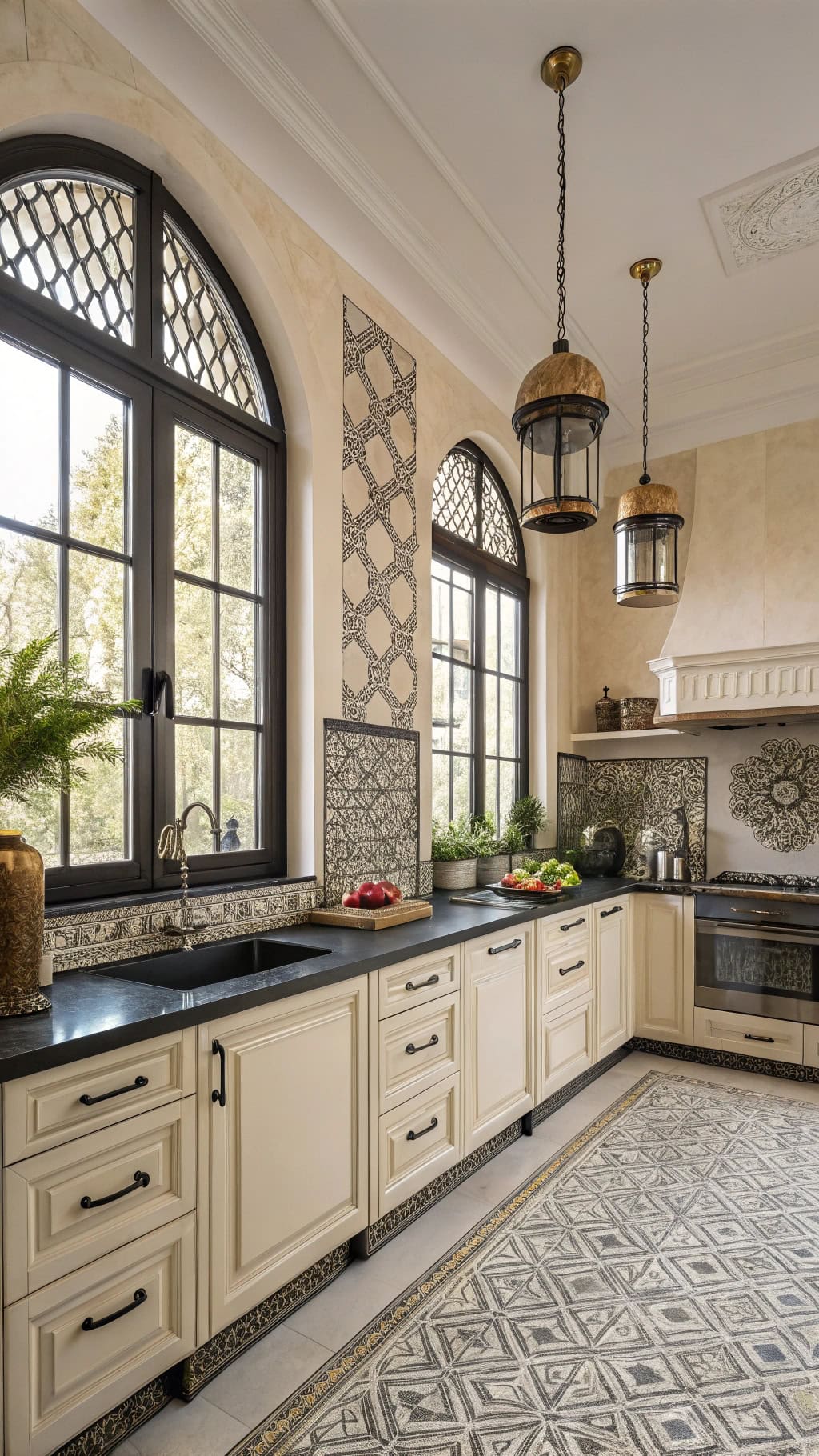 moroccan inspired black cream kitchen