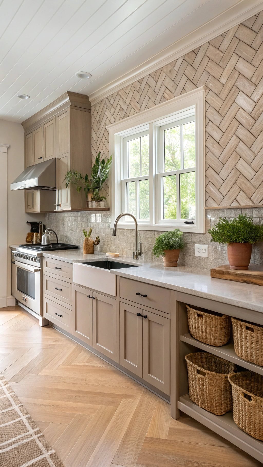 neutral herringbone backsplash designs