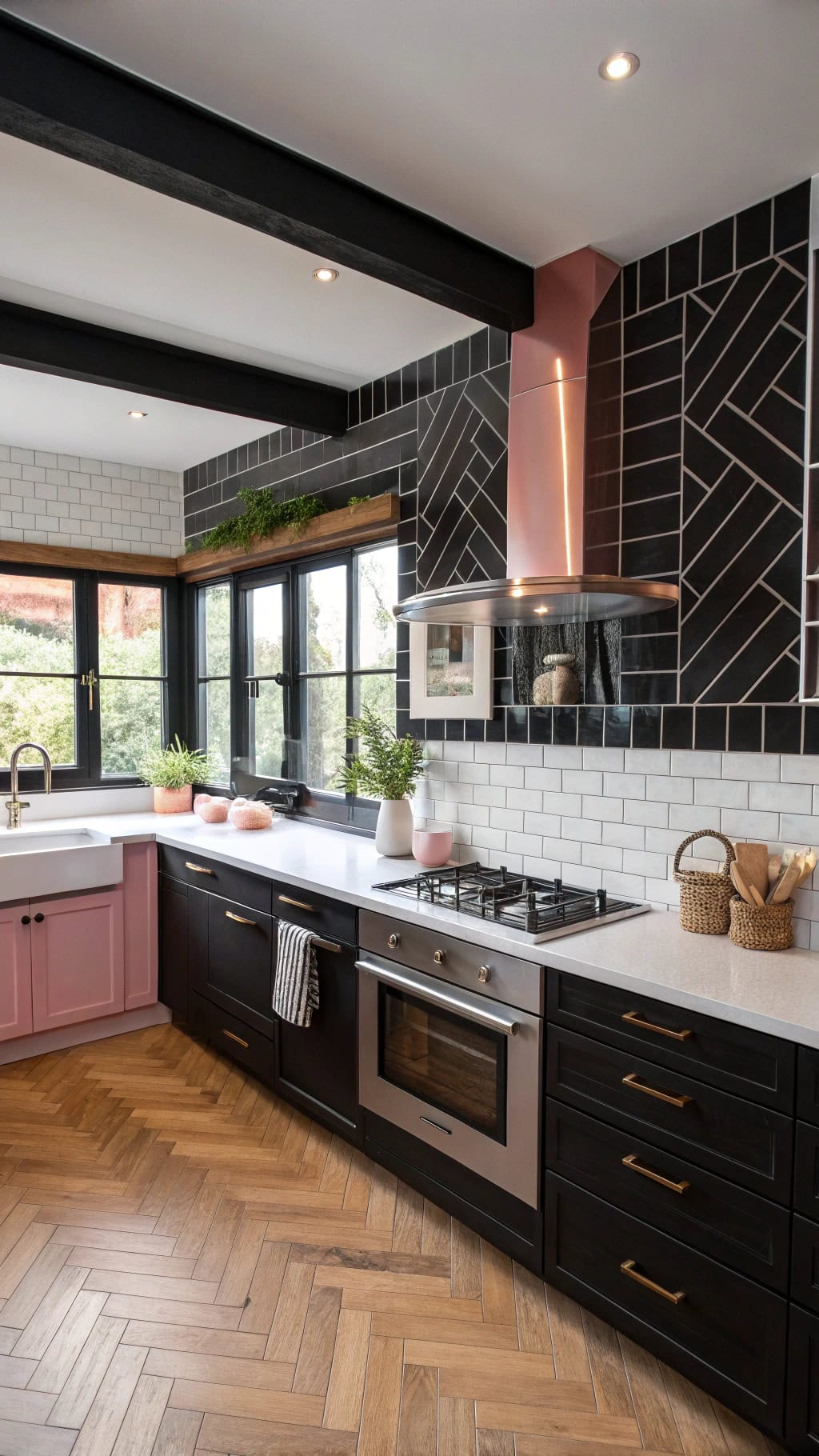 pink and black subway tiles