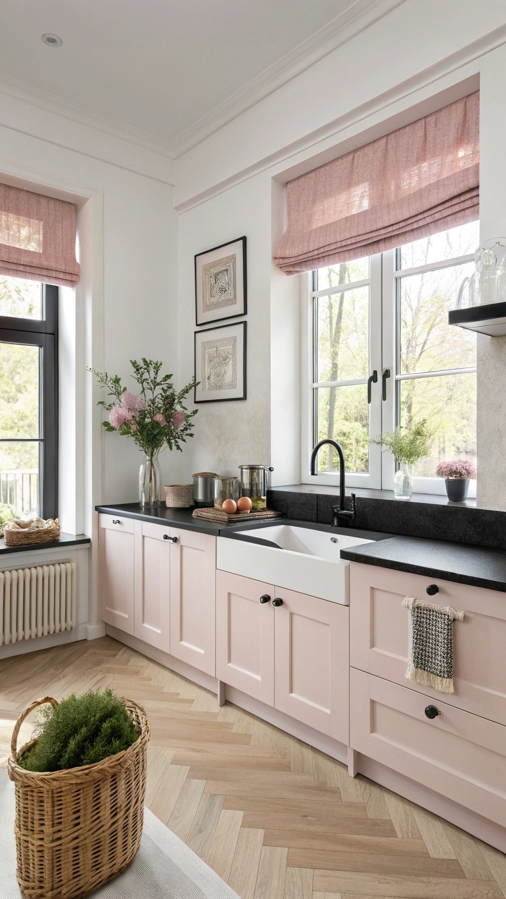 pink and black window treatments