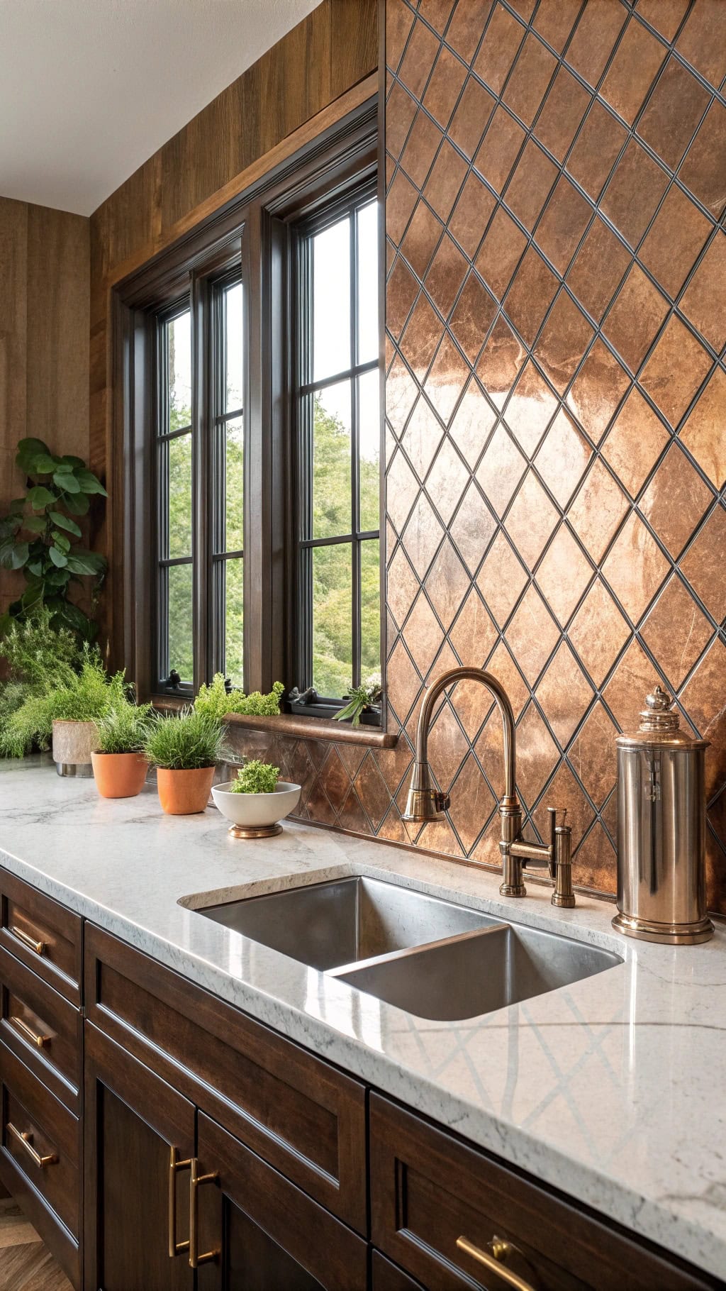 polished copper diamond backsplash