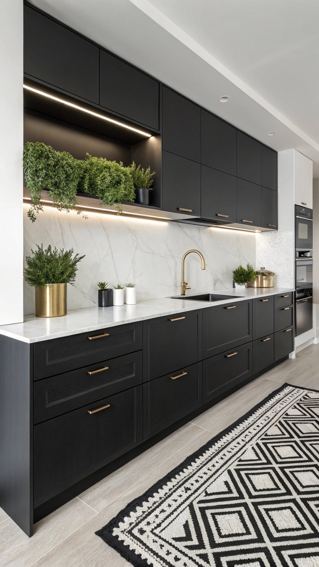 sleek black handleless cabinets