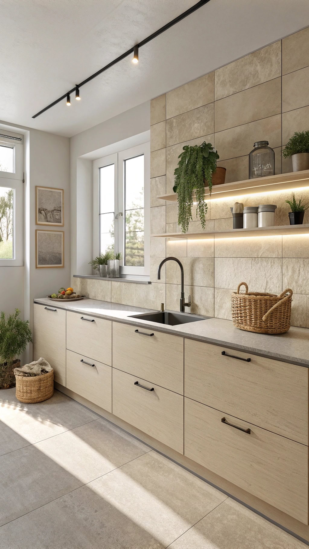 sleek handle free beige cabinets