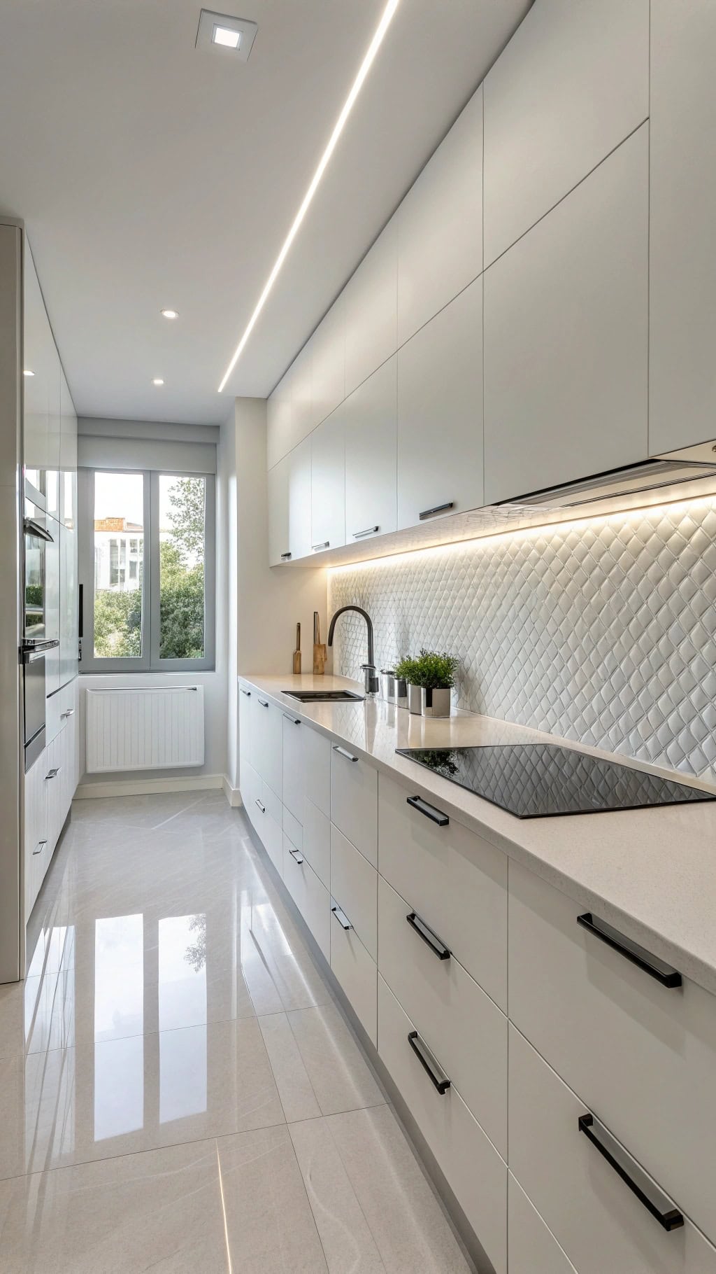 sleek minimalist white kitchen