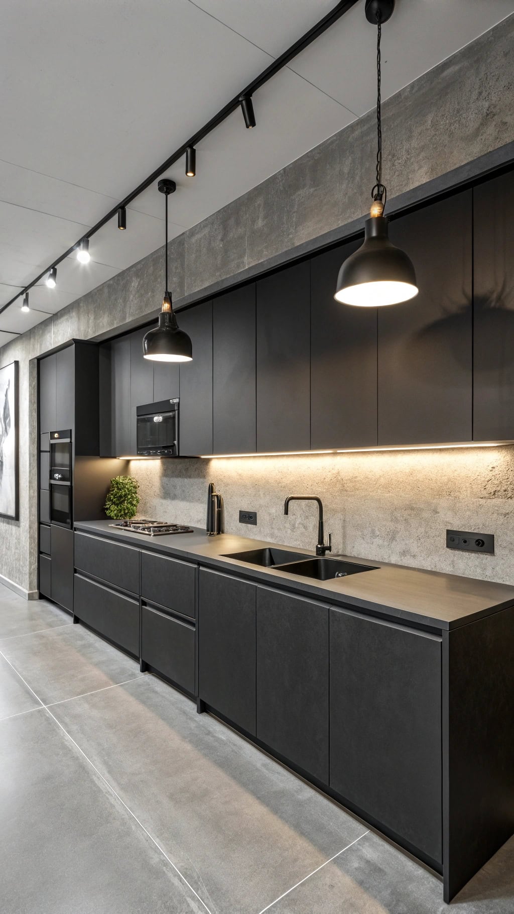 sleek monochrome industrial kitchen