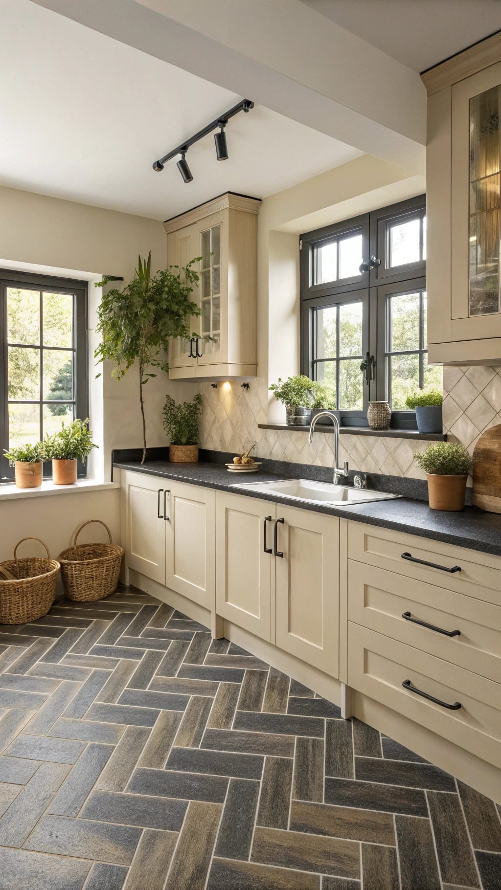 sophisticated beige black herringbone floors