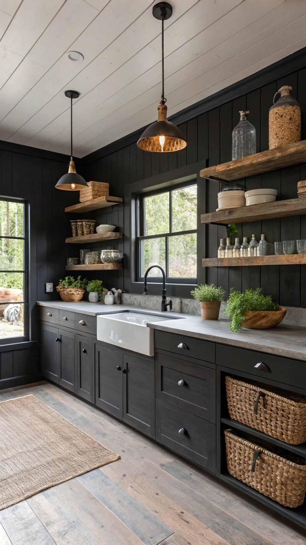 sophisticated black farmhouse kitchen