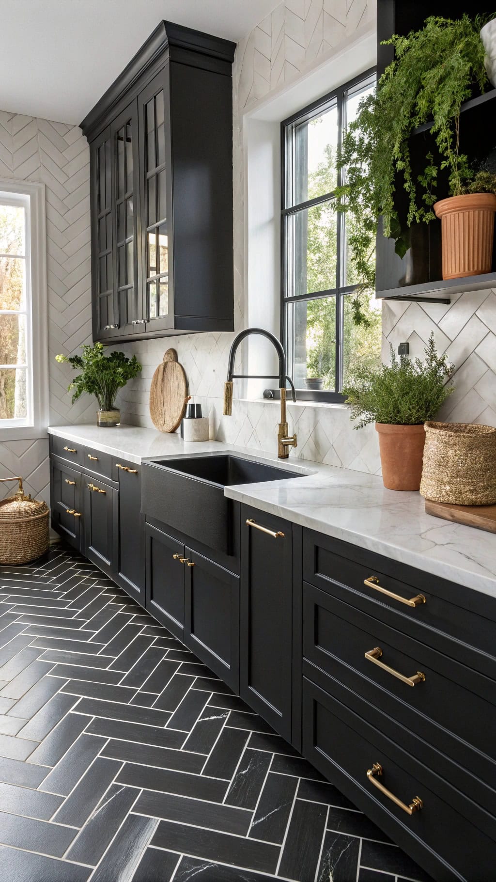 sophisticated black herringbone tiles