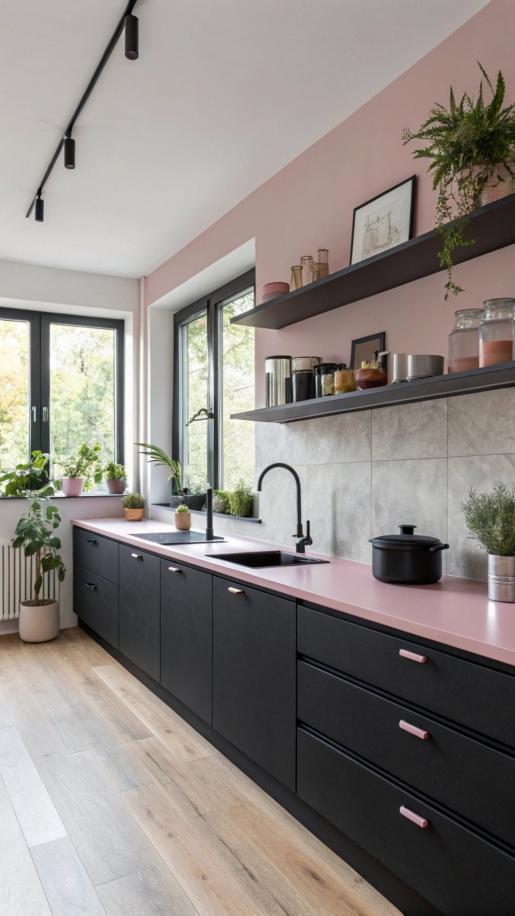 sophisticated pink black kitchen design