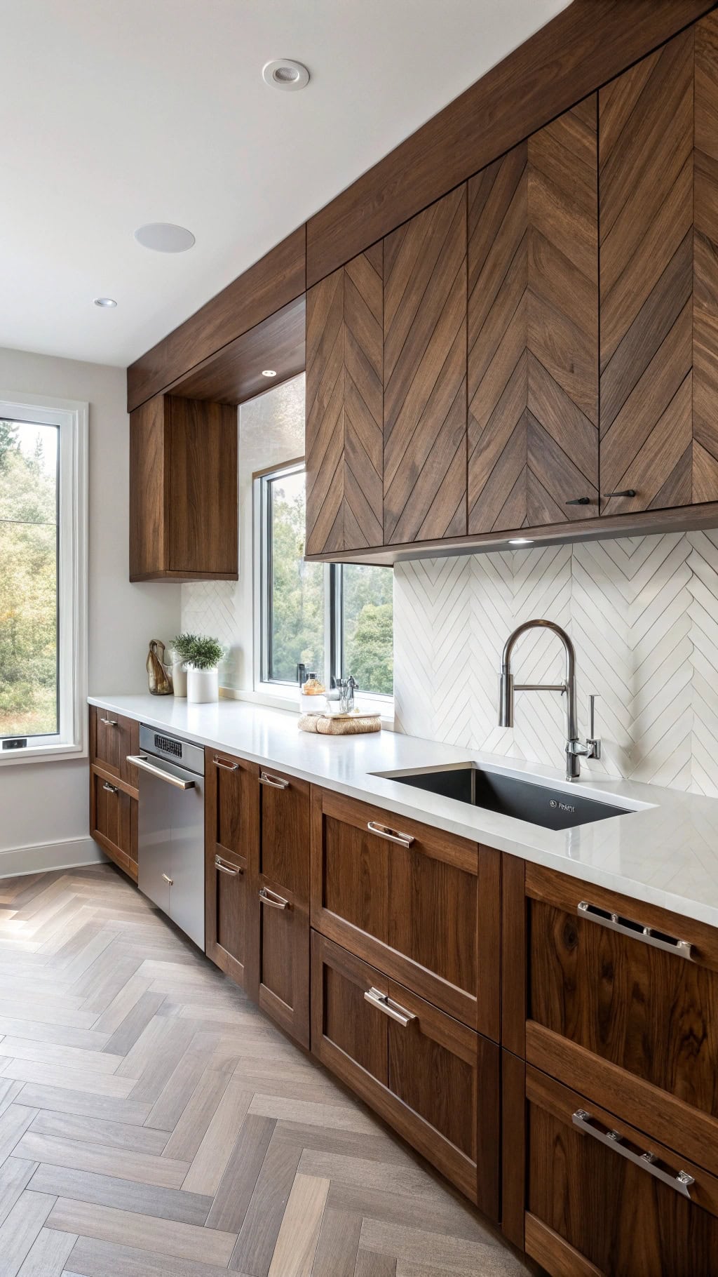 sophisticated walnut herringbone backsplash