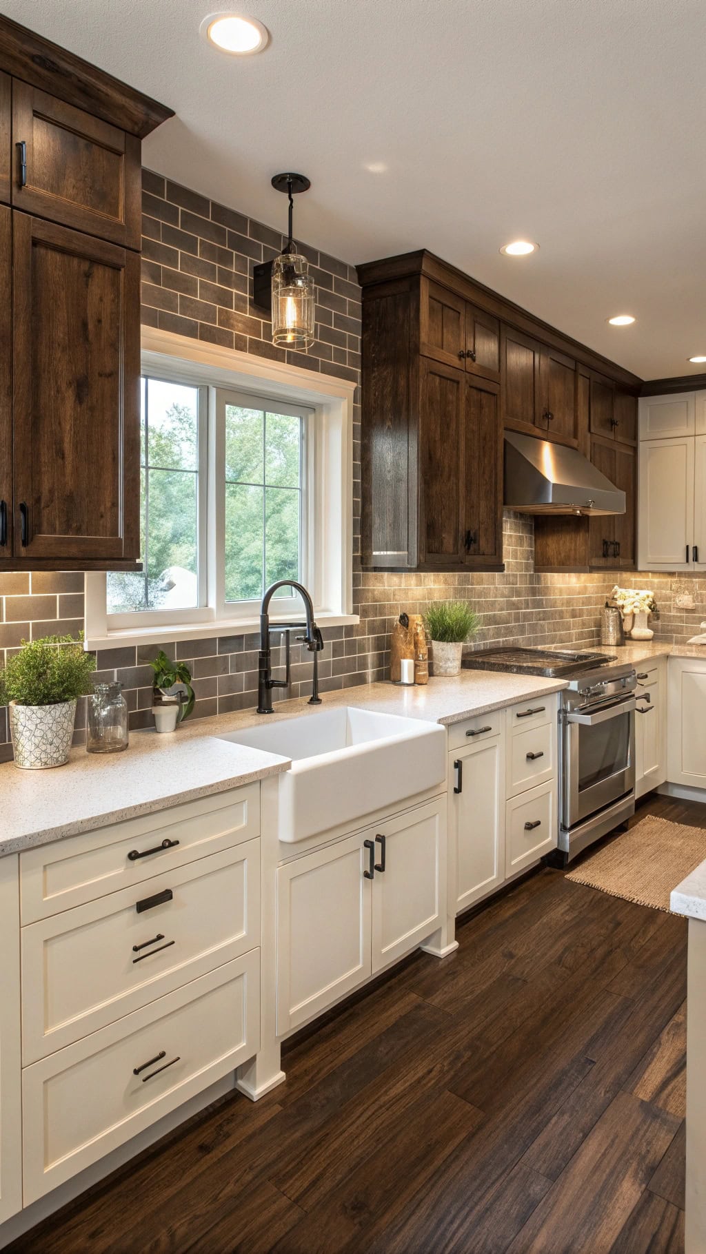 stained oak subway backsplash elegance