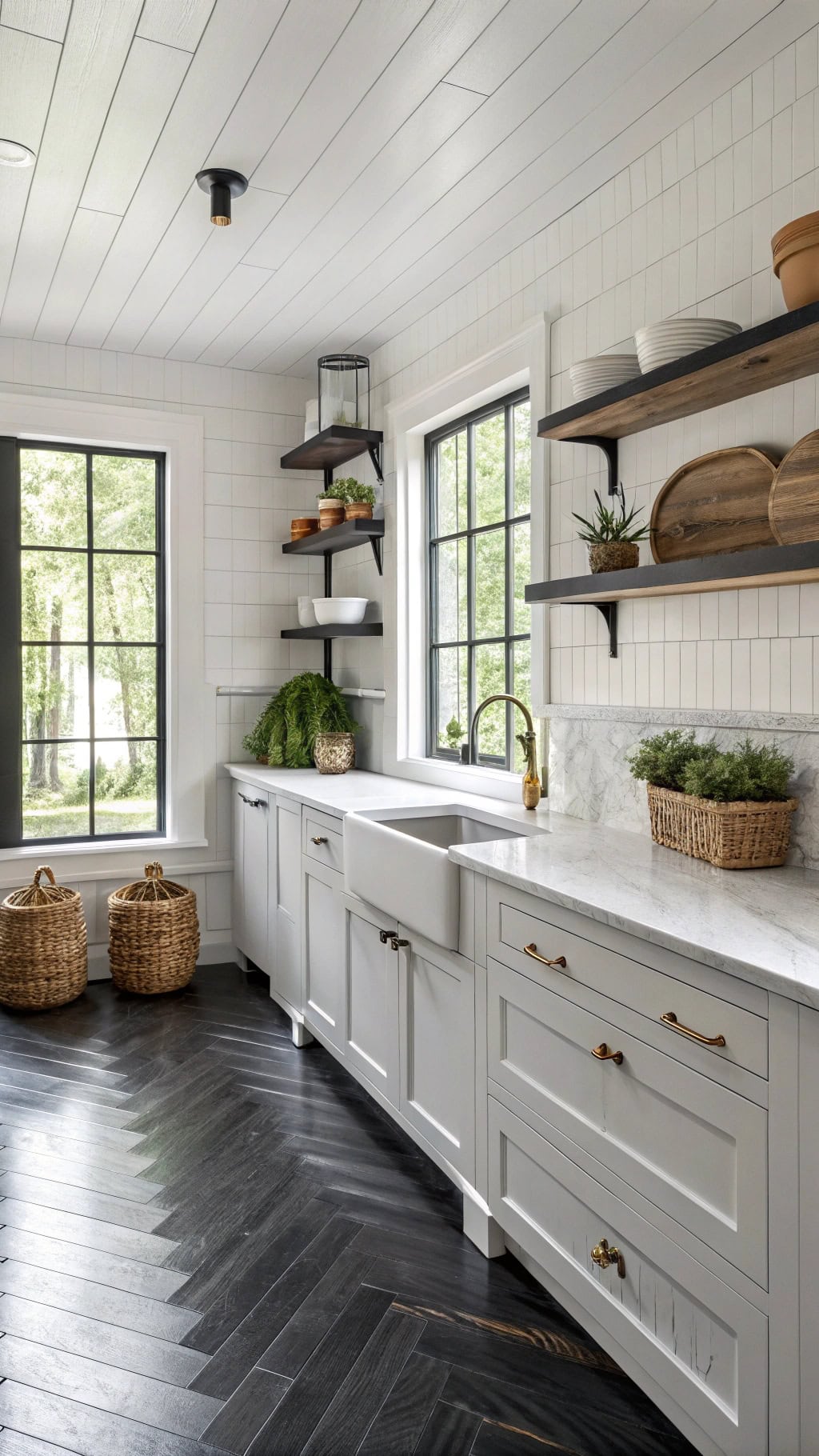 stunning black herringbone floors