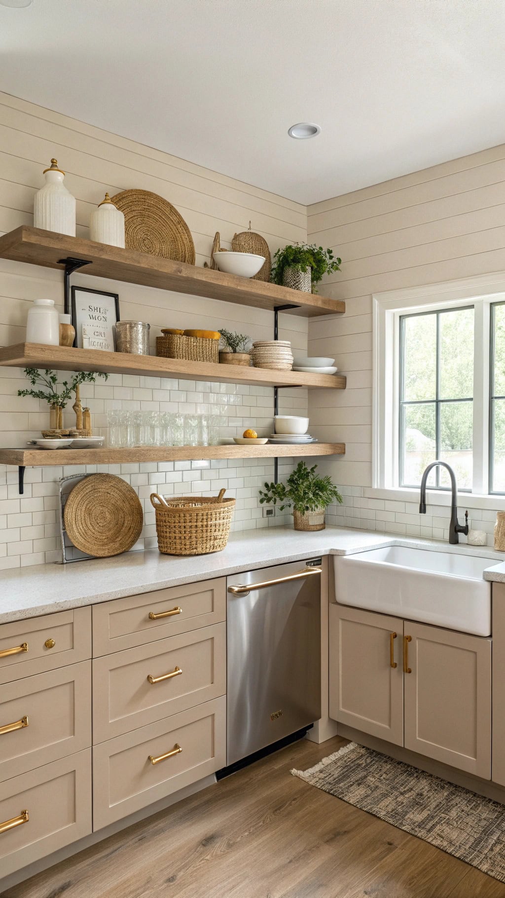stylish beige open shelving