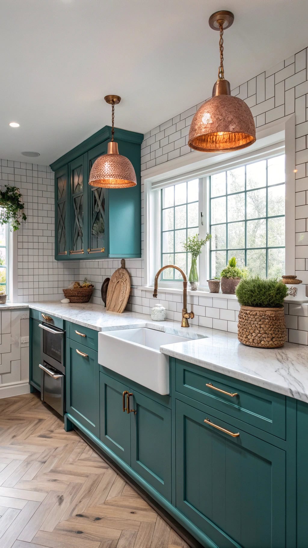 teal cabinets copper accents