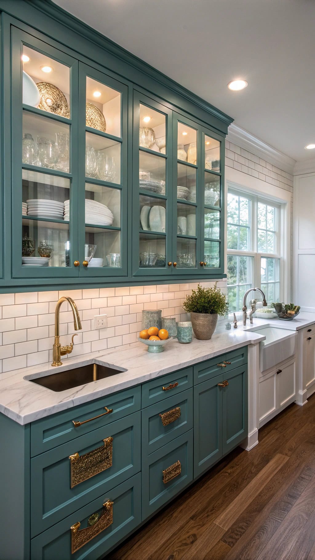 teal cabinets showcase dishware