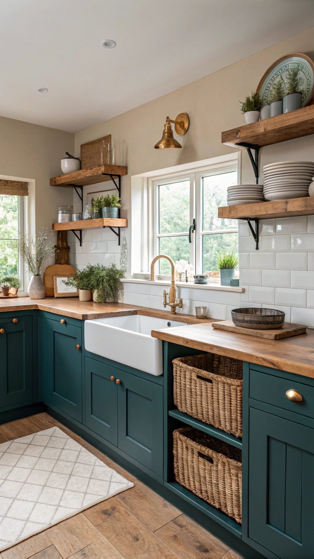 teal cabinets wood island