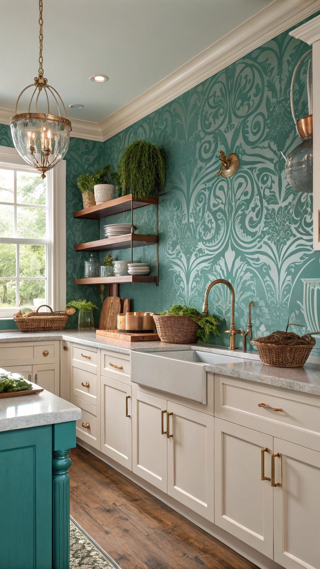 teal damask wall treatment