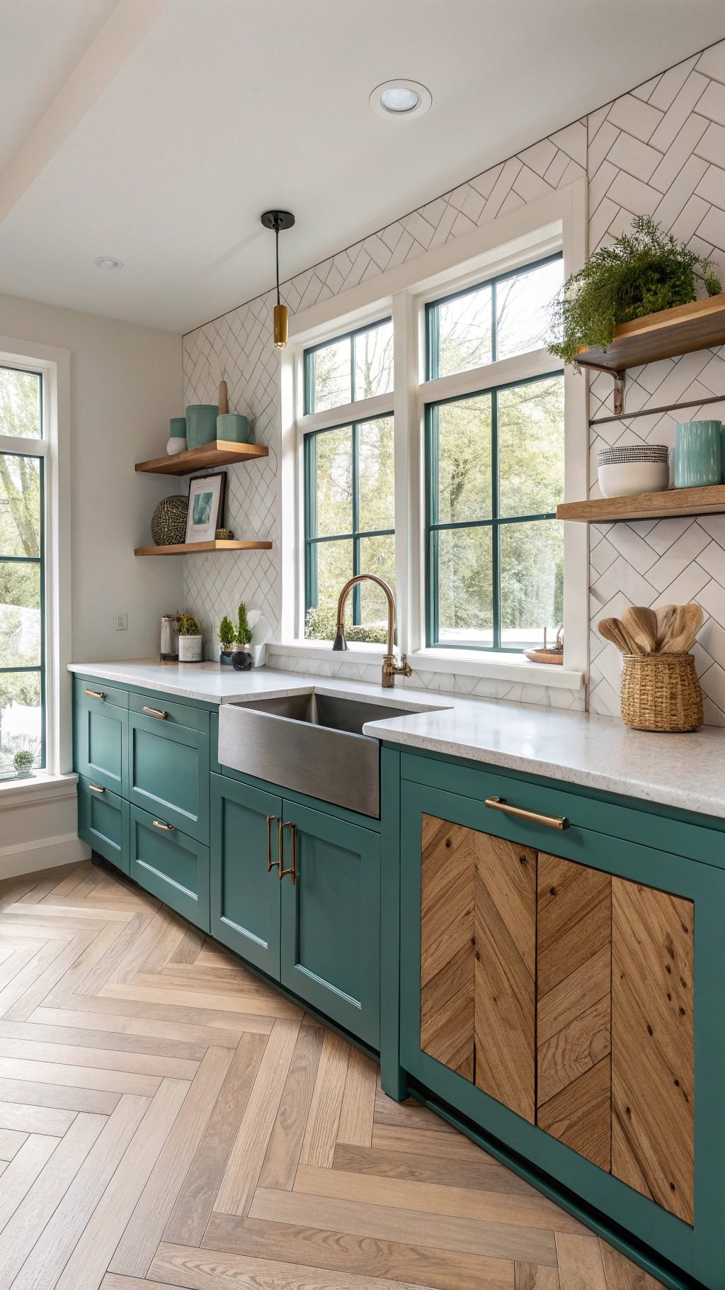 teal herringbone cabinet design