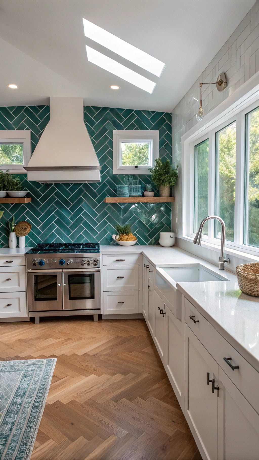 teal herringbone tile trends