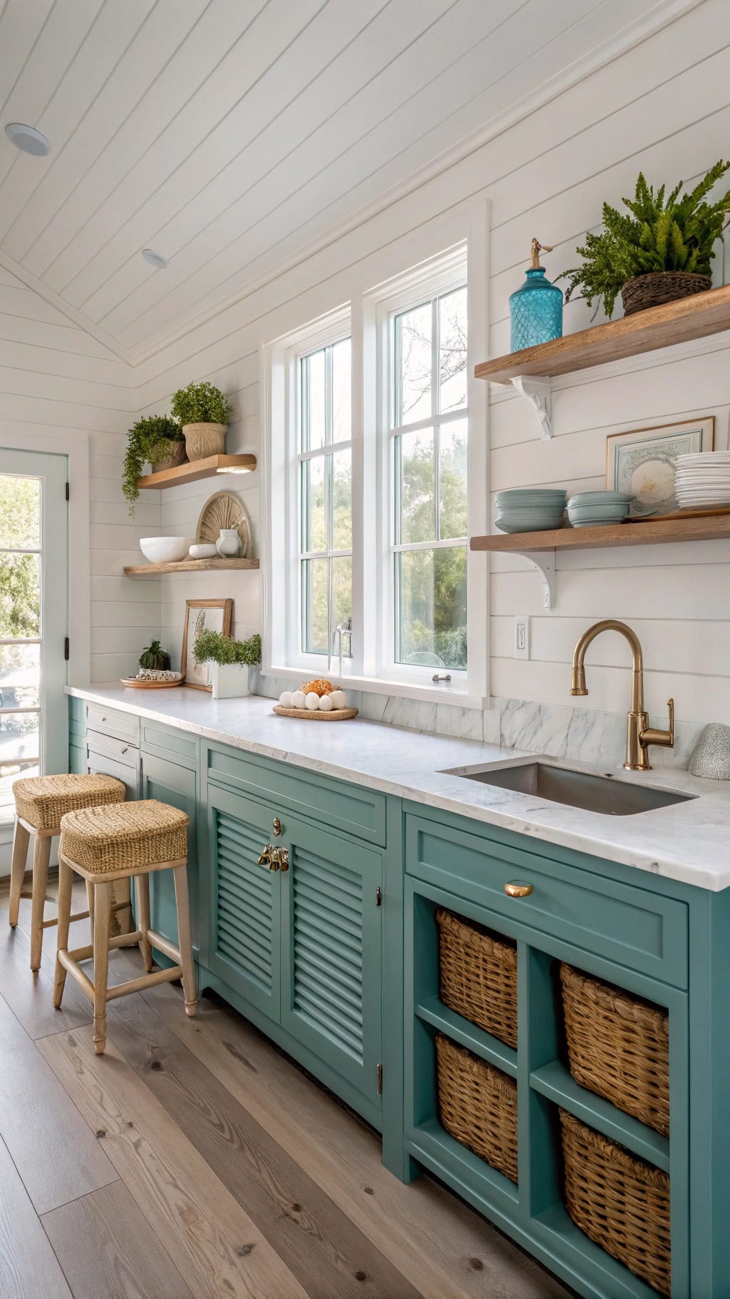 teal louvered cabinet doors