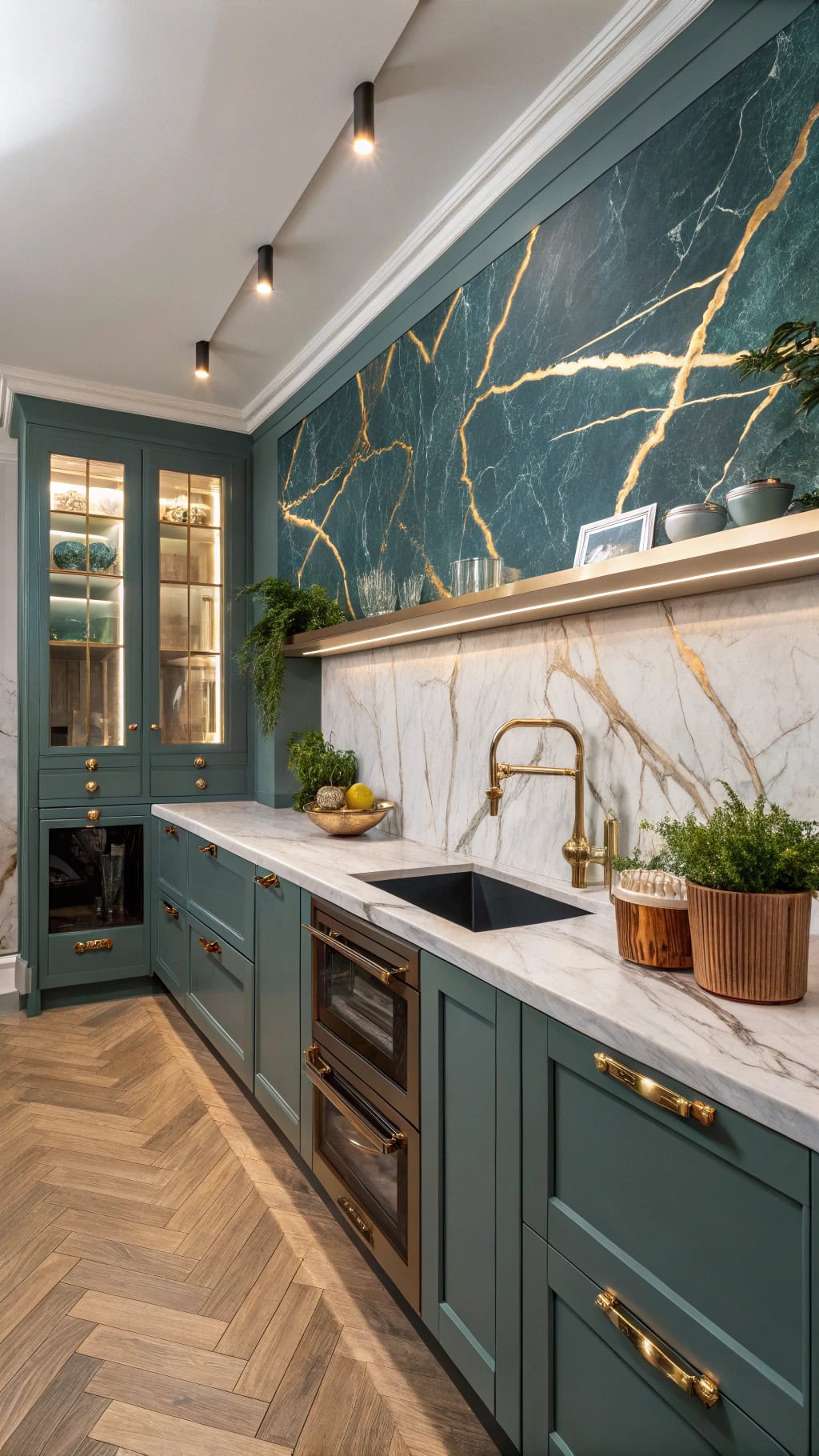 teal marble slab backsplash