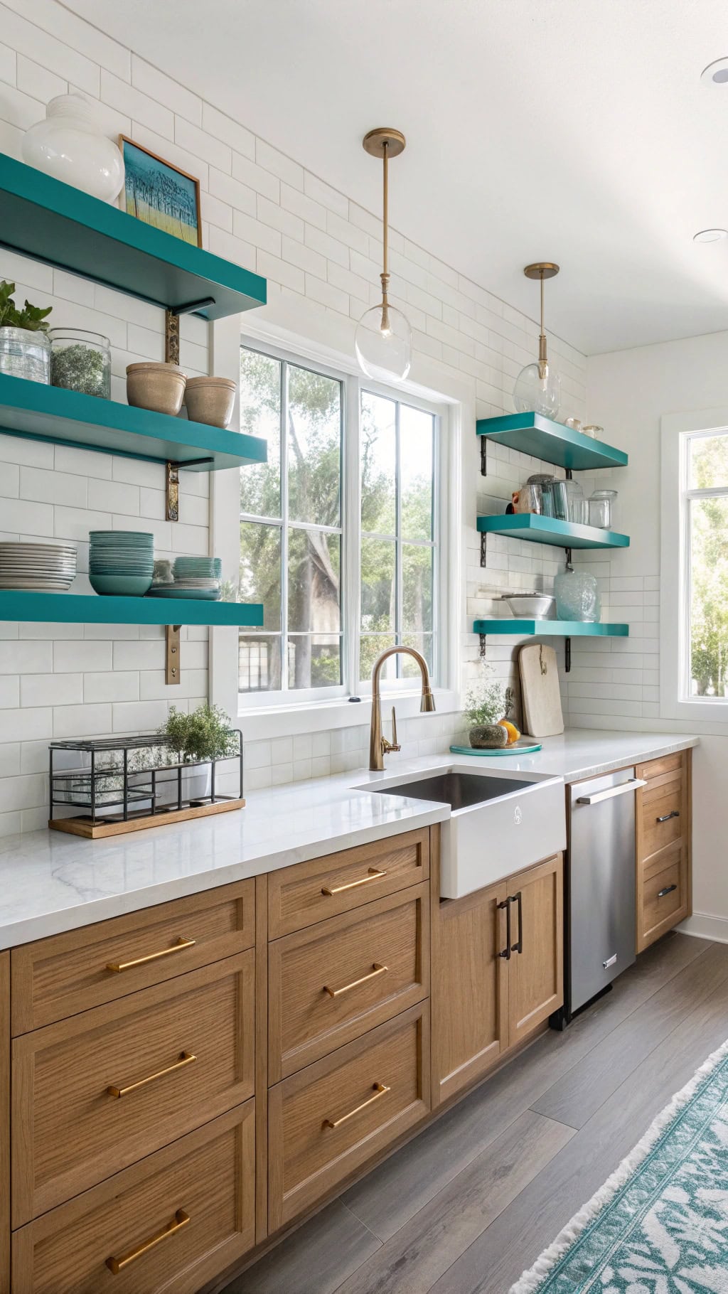 teal shelves bamboo accents