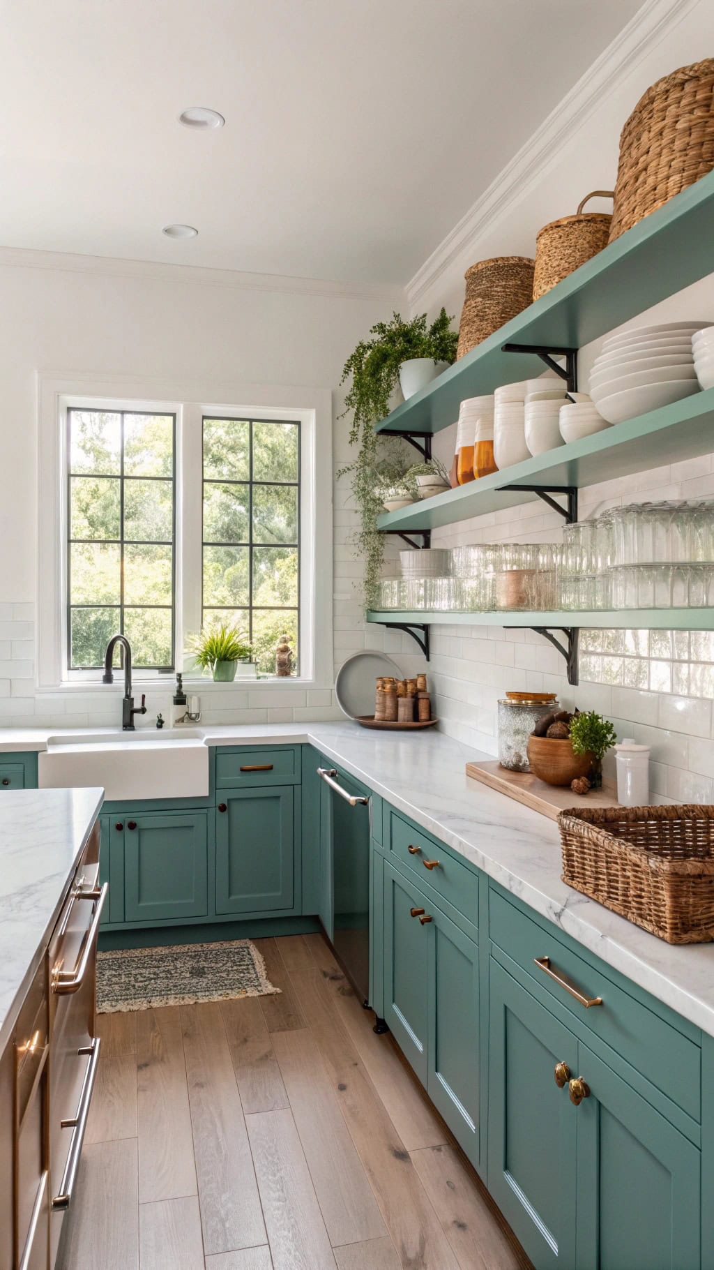teal shelves with curated decor