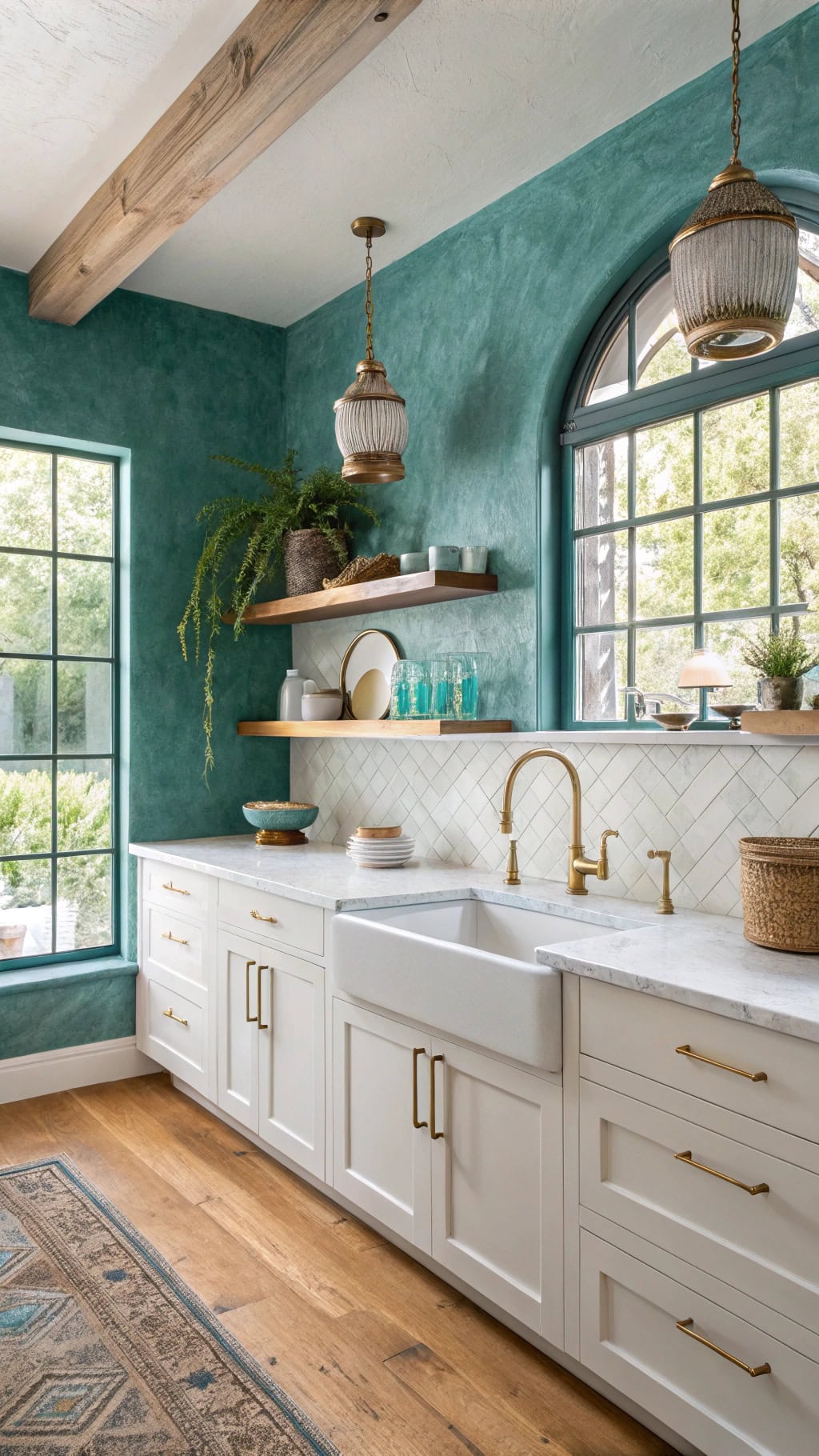textured teal plaster walls