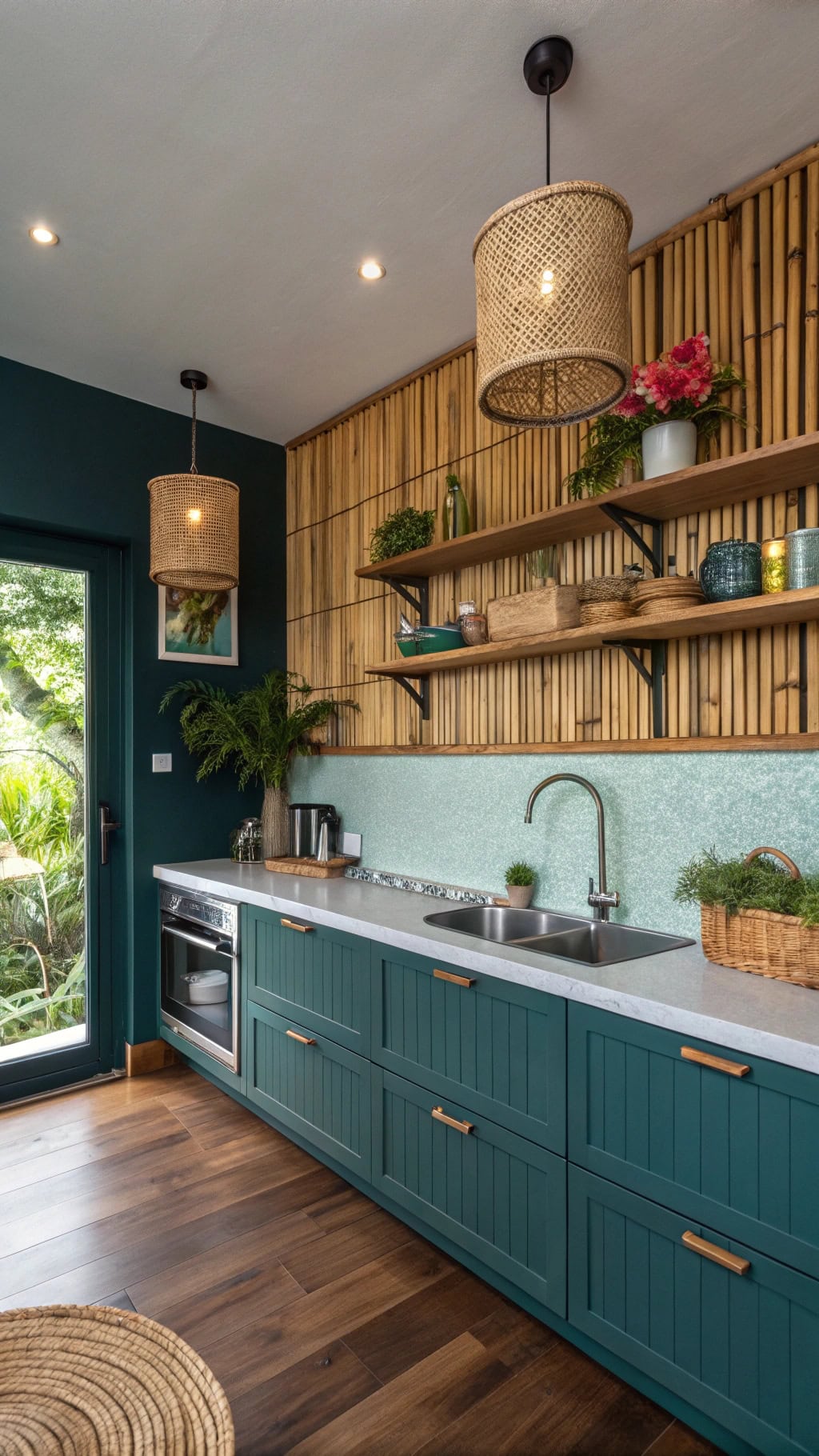 tropical bamboo teal kitchen