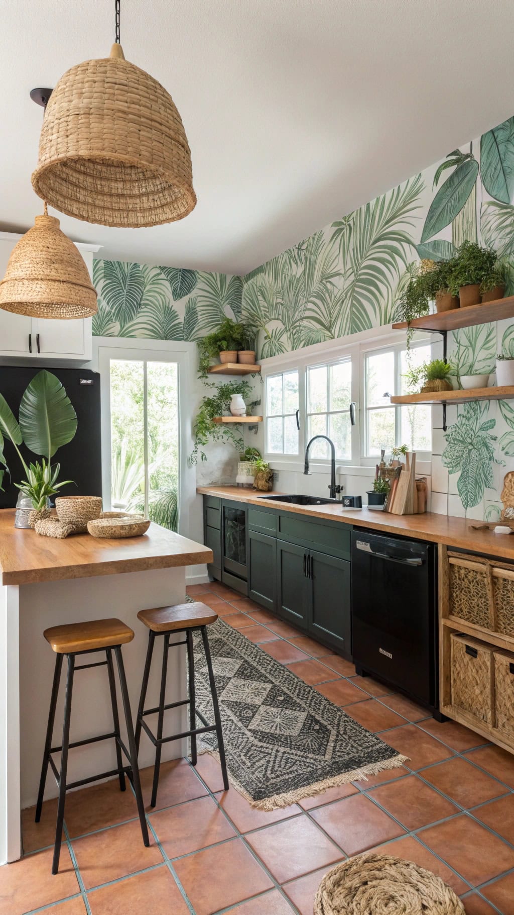 tropical kitchen with black appliances