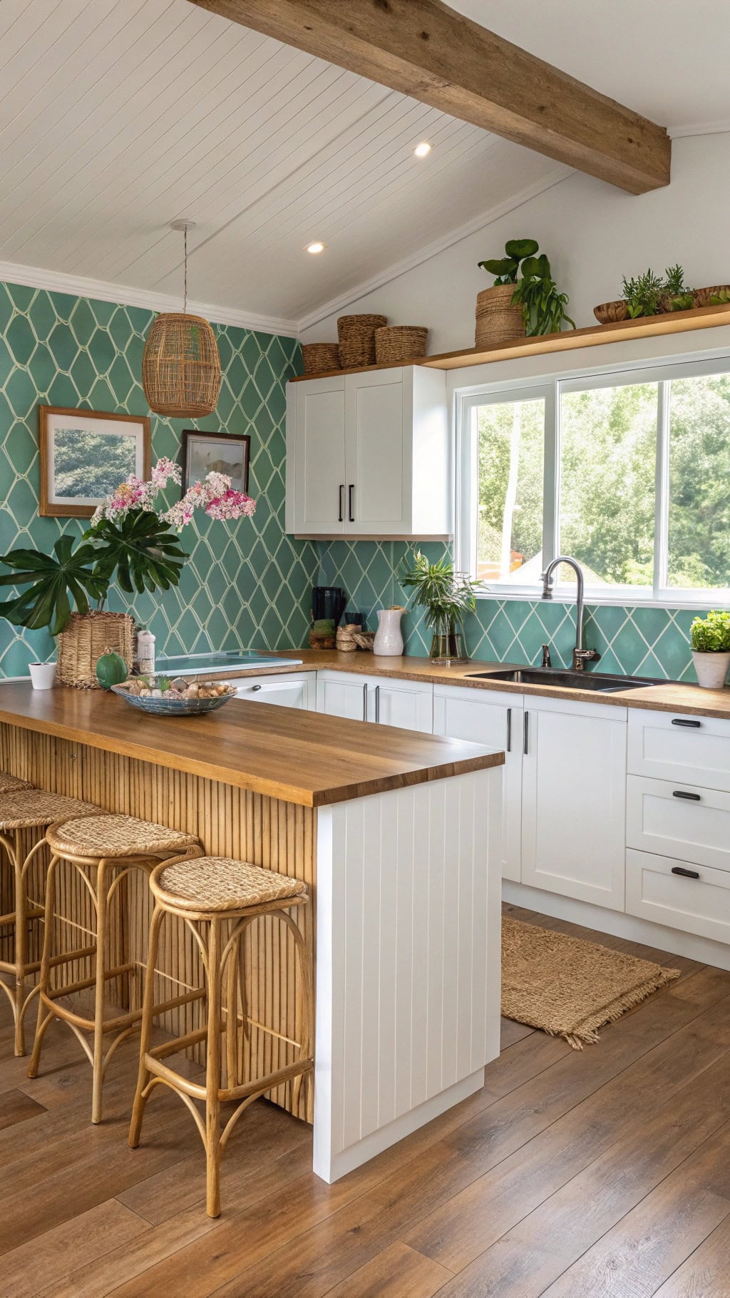 tropical teal bamboo kitchen