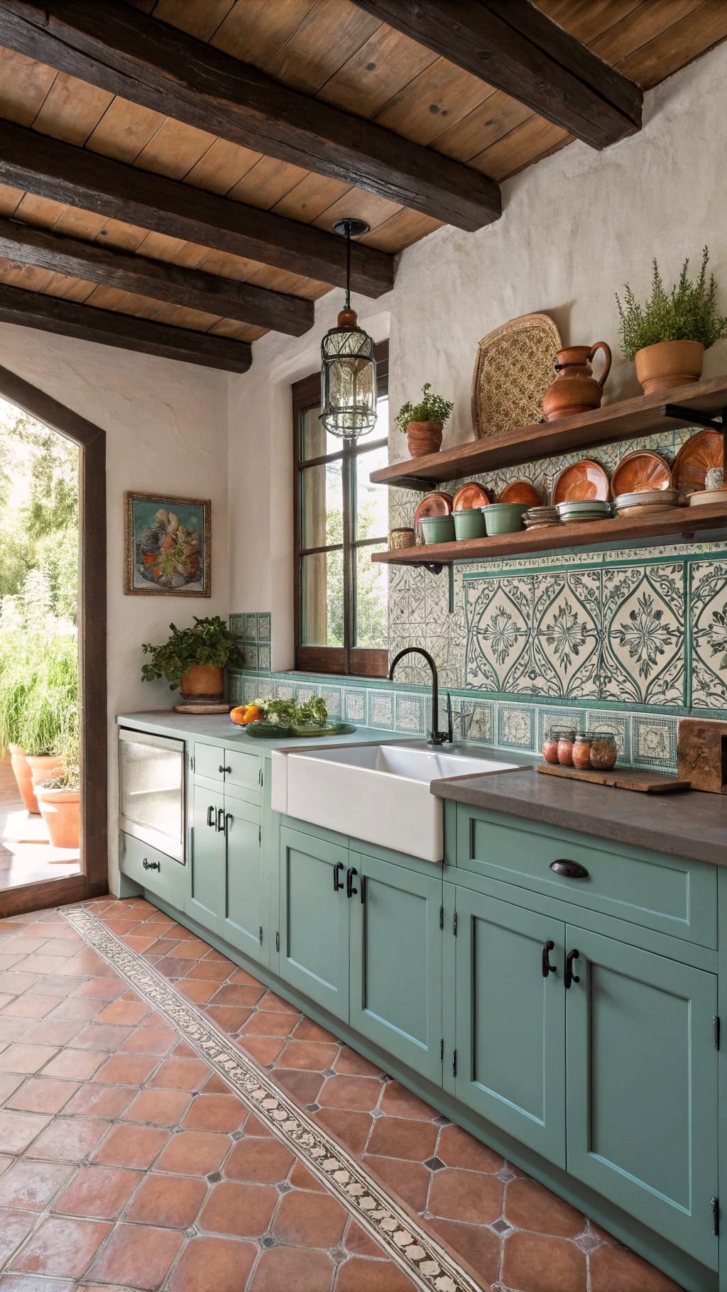 vibrant teal hacienda kitchen