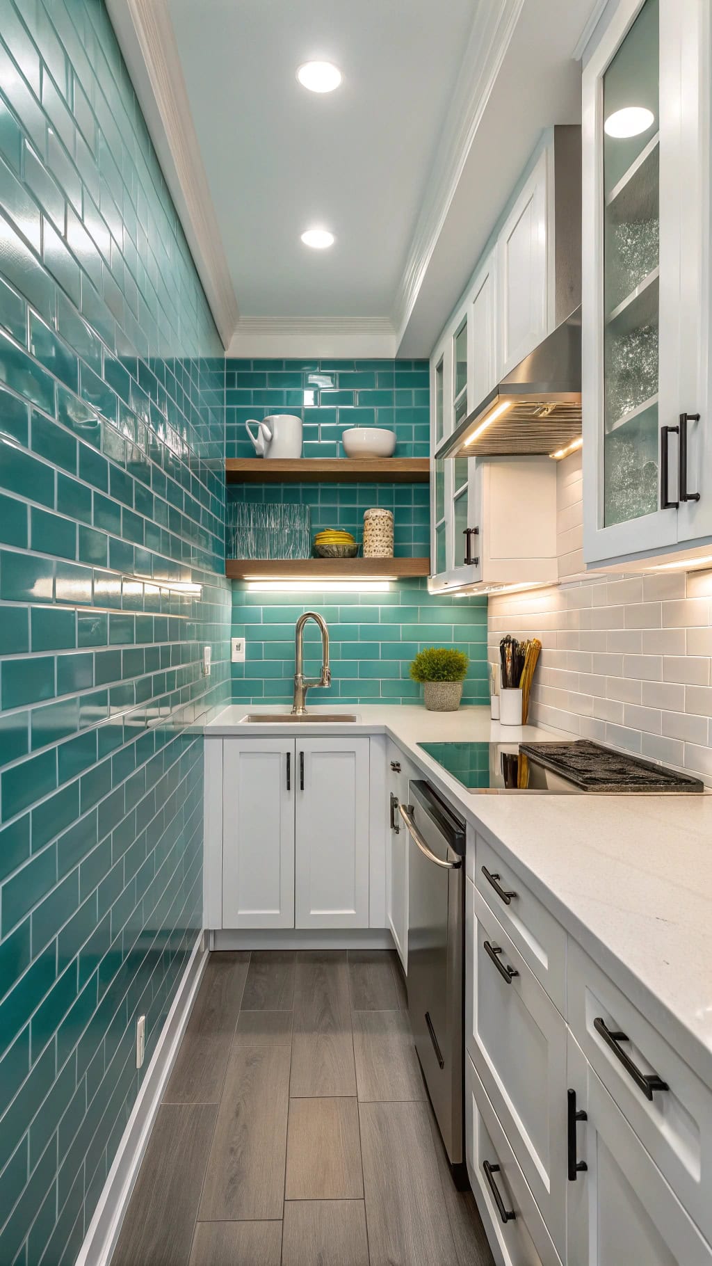 vibrant teal subway kitchen